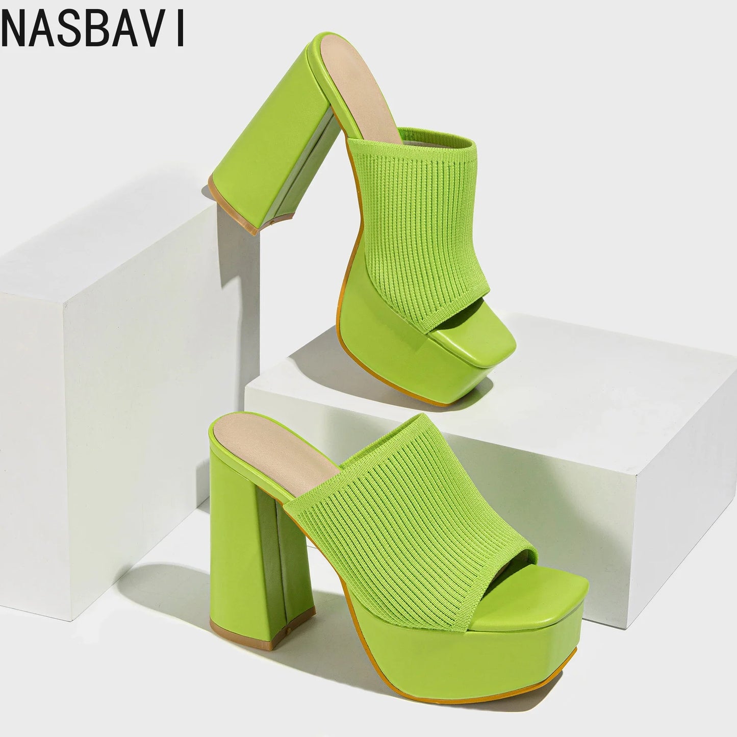 NASBAVI Summer Knitting Yarn Pleated Platform Rome Shallow Thick Bottom Peep Toe Thin Heels Women Sandals Slip-On Party Shoes