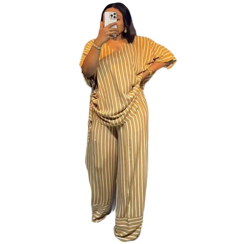 Pant Set Women Two Piece Sets V Neck Short Sleeve Drawstring Shirt Striped Wide Leg Long Pants Elastic Waist Y2k Streetwear 2026