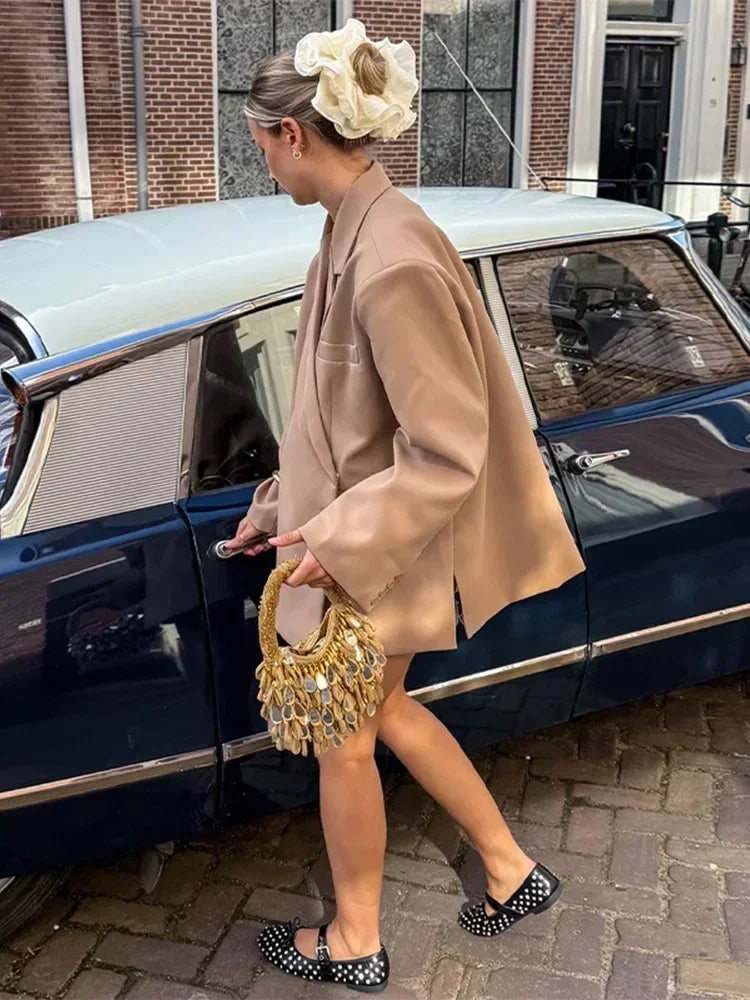 Women's V-Neck Side-Buttoned Suit Jacket Long Sleeve Solid Color Coats Pocket Cuffs Oversize Tops High Street Female Clothes