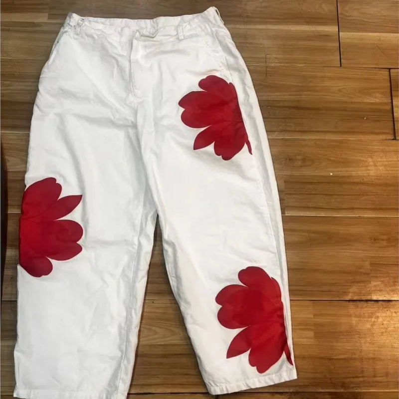 2026 New Fashion Floral Print Wide Leg Jeans Casual Cotton Denim High Waist Nine-Pants Trendy Plus Size Trousers High Street