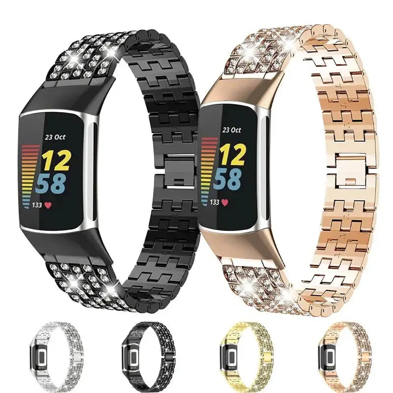 Fitbit Charge 6, 5, 4 & 3 Metal Link Bracelet Band, Crystal Accents
