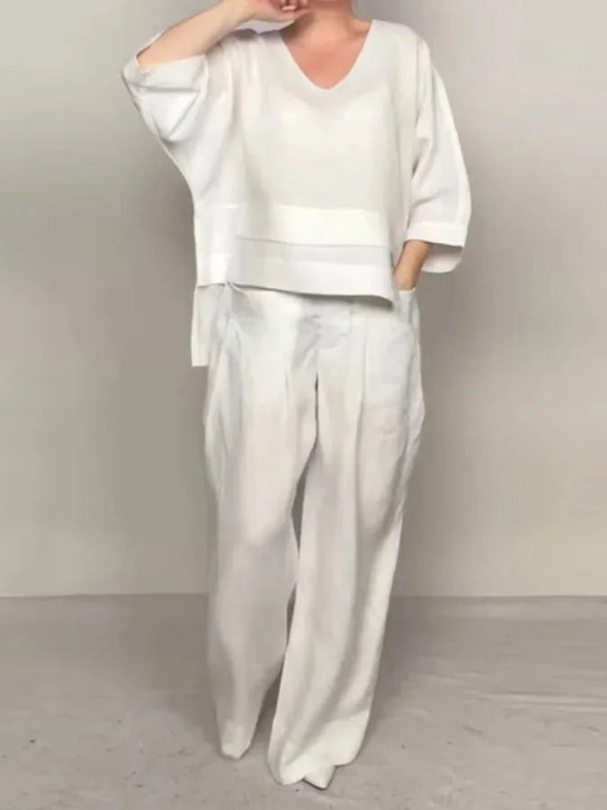 Casual Loose Irregular Cotton Linen Women's Top Set Spring Summer New Fashion Pocket Wide-leg Pants For Women Office 2-piece Set