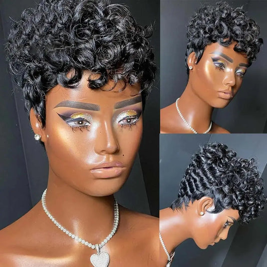 Pelucas Pixie cortas para mujeres negras Pelucas Pixie rizadas negras cortas Pelucas de cabello sintético para mujeres negras Pixie onduladas negras naturales *China