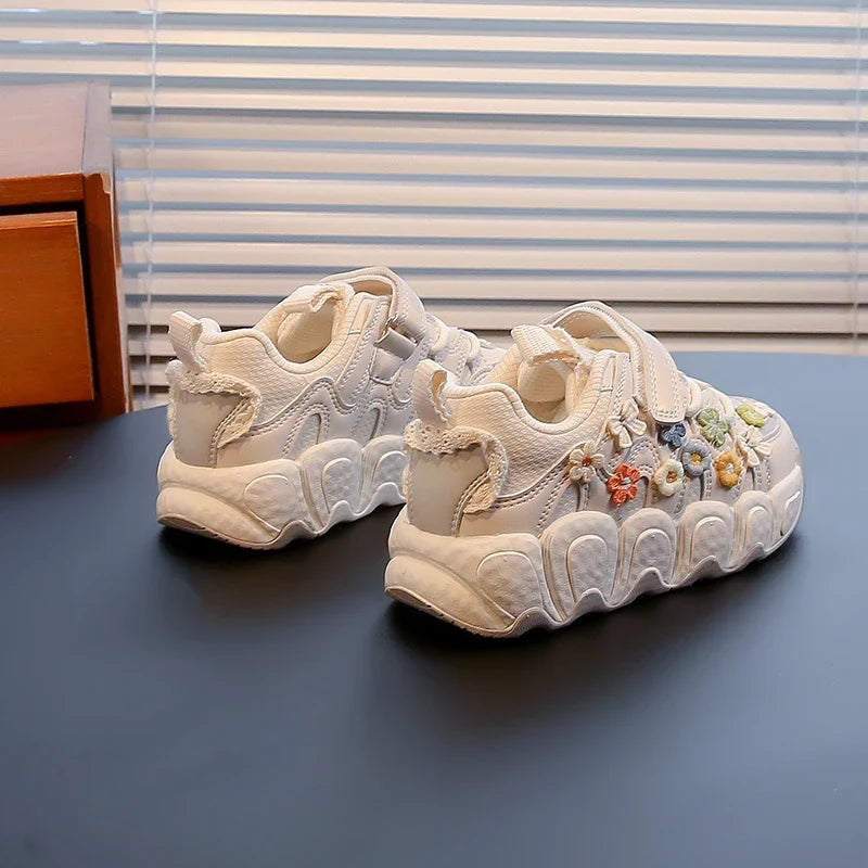 Fashion Leather Sneakers for Girls Children Casual Sports Shoes Floral Pattern Shoes for Kids Comfortable Walking Shoes