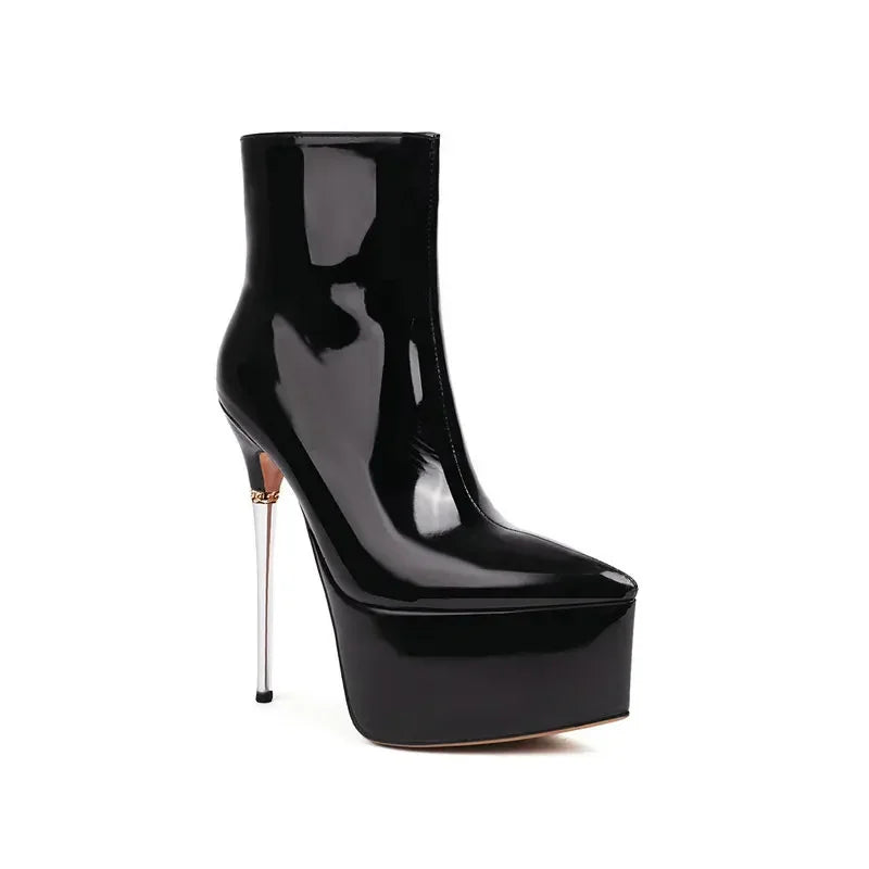 Sexy Patent Leather Shiny Gold Red Pole-dancing Stripper Super Thin High Heels Shoes Trendy Platform Ankle Stiletto Women Boots