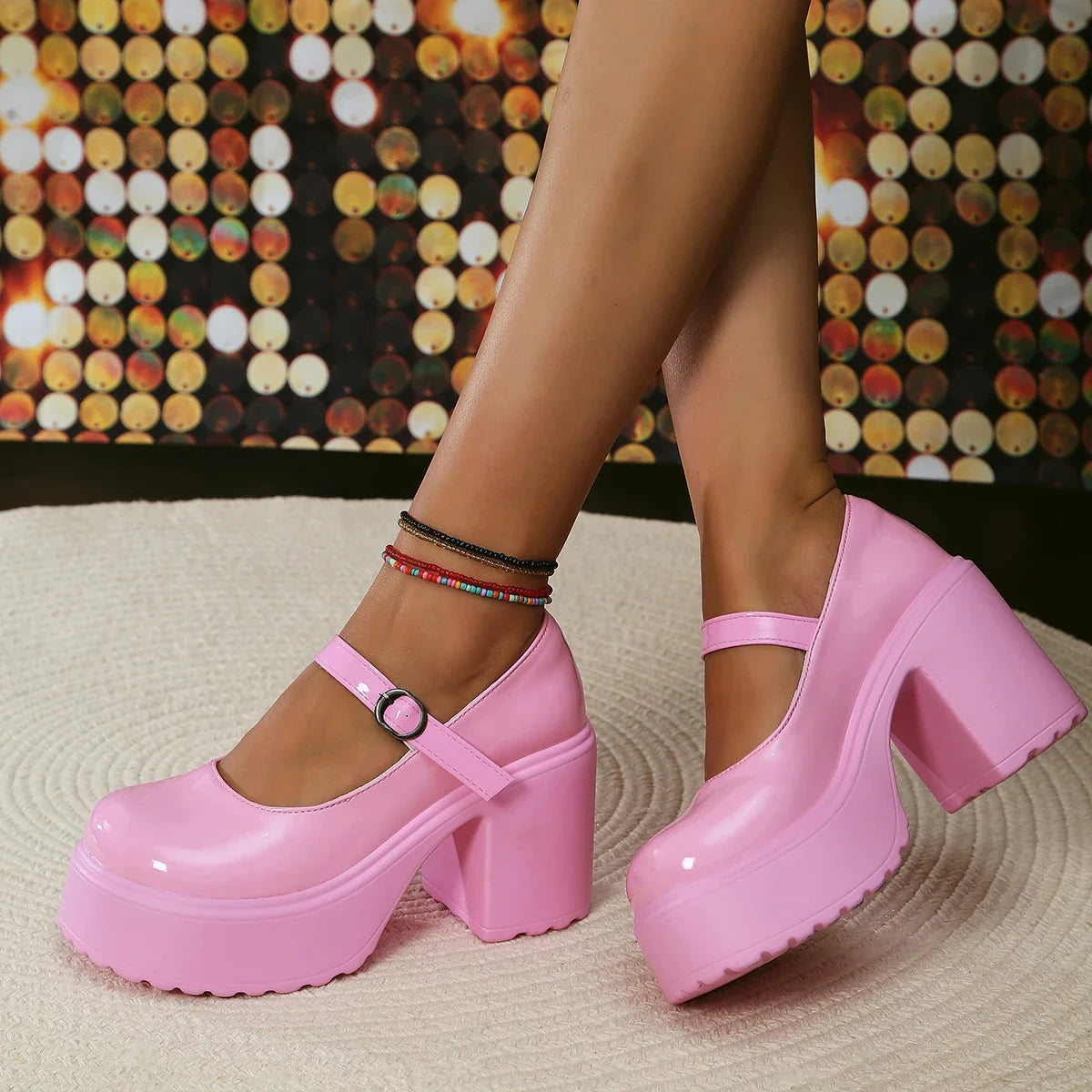 Black Super High Heels Mary Jane Shoes Women 2026 Goth Chunky Platform Pumps Woman Plus Size Ankle Buckle Party Lolita Shoes 42