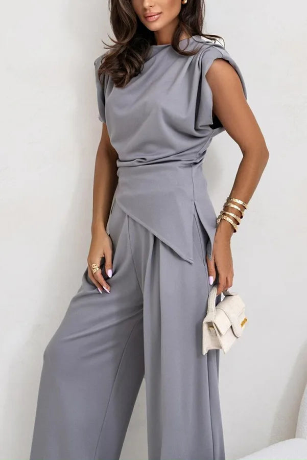 Summer Fashion Solid Two Piece Sets Women Elegant Slim Office Suit Casual Irregular Top And Wide Leg Pants 2 Piece Set Female