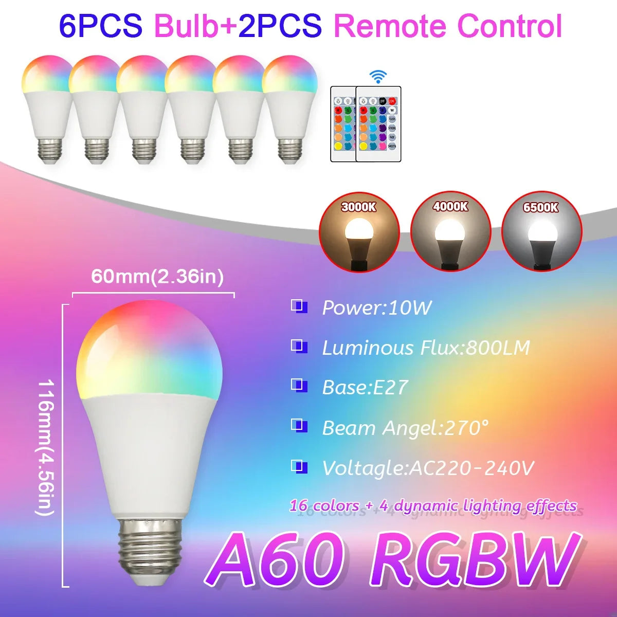 E27 RGB LED Light Bulb 220V 10W with IR Remote Control Color Changing Multicolor + White Lamp Spotlight for Bedroom Party Home