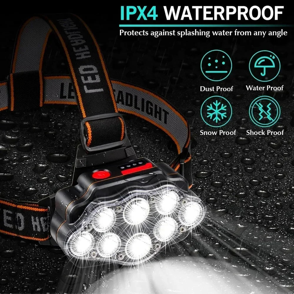 Linterna frontal recargable de 8 LED, potente faro para camping, pesca y senderismo