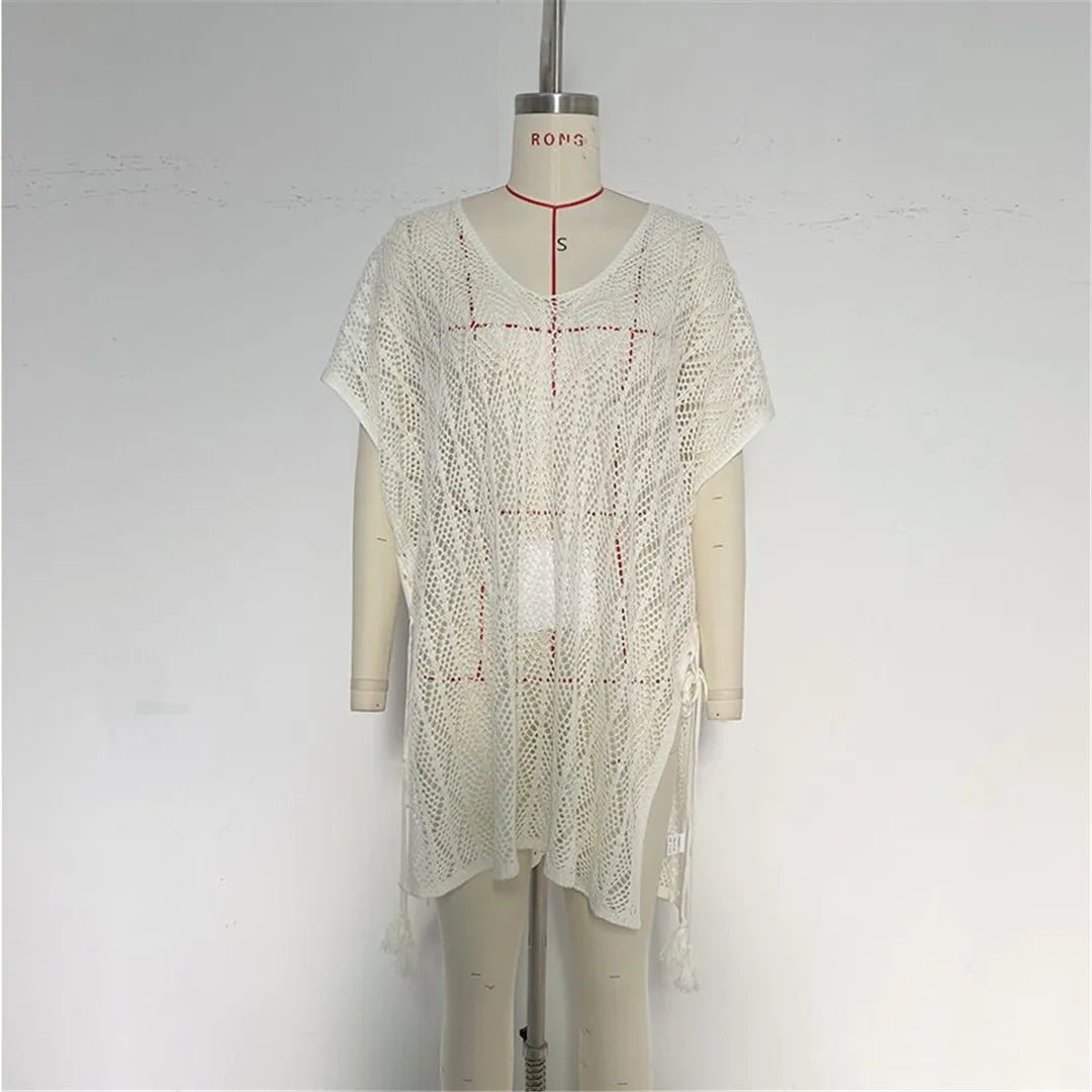 Sexy Short Sleeve Hollow Out Crochet Knitted Tunic Beach Cover Up Cover-ups Beach Dress Beach Wear Beachwear Female Women K6686