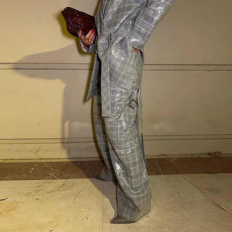 Elegant Sequin Stripe Lapel Neck Top Pant Sets Women Fashion Single Breasted Shine Ribbon Coat Leg Loose Pants Set Female Sets