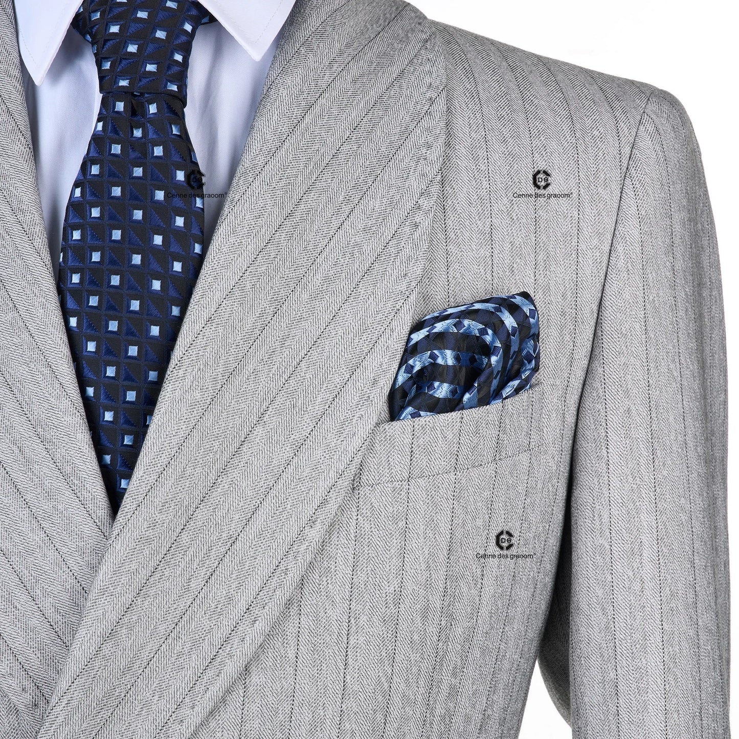Cenne Des Graoom Light Grey Striped Double-Breasted Men Suits with