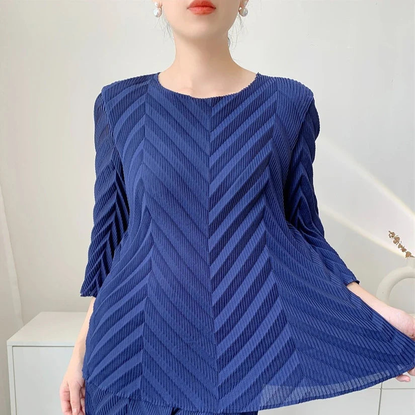 2026 Spring New Women Handmade Pleated Pants Set Comfortable Casual Seven Sleeve T-Shirt Top Loose Wide Leg Pants 2 Piece Set