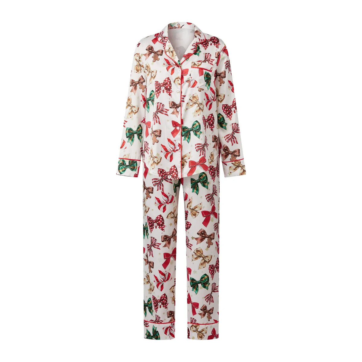 Women Christmas Two Pieces Pajama Set Bow/Dog/Snowman Print Long Sleeve Shirt with Pants Sleepwear Loungewear