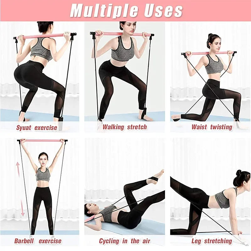 Barra portátil de Yoga Pilates con banda de resistencia para gimnasio en casa, barra tonificadora de músculos, fitness, estiramientos, ejercicio y entrenamiento corporal