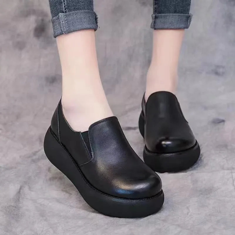 Sneakers Platform Women Shoes 2025 New Flat Wedges Fashion Round Toe Slip on Shoes for Women Leather Work Shoes Heighten Loafers