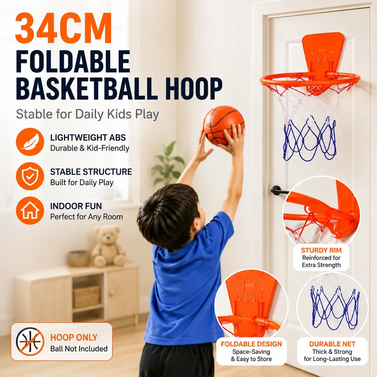 34cm Kids Basketball Hoop Foldable Wall Mounted Mini Basket Rim No Drilling Indoor Door Backboard Sports Toy for Children