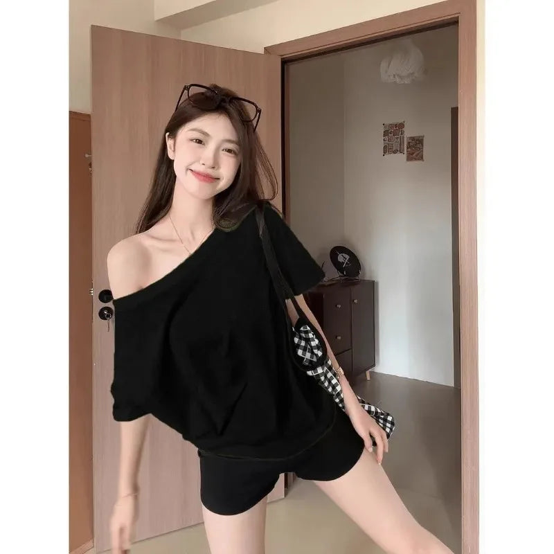 Fashion Loose Ladies Batwing Sleeve Trend Solid Color Off Shoulder Summer New Style Pullover Slash Neck Tshirt Tops Short Sleev