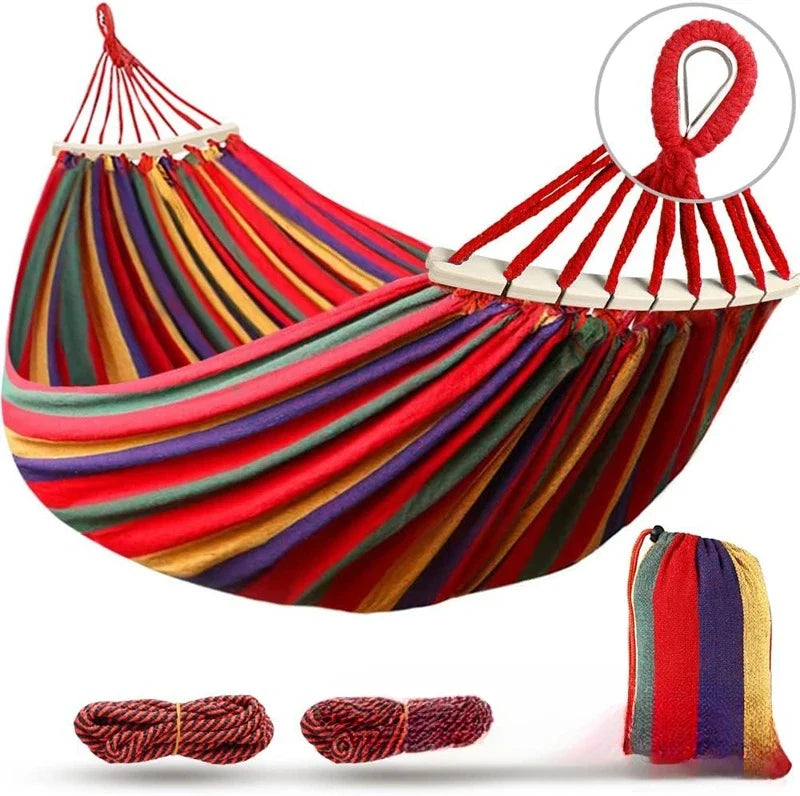 Canvas Hammock Anti-Roll Double Camping with Curved Wooden Poles Outdoor Swing Bed for Two