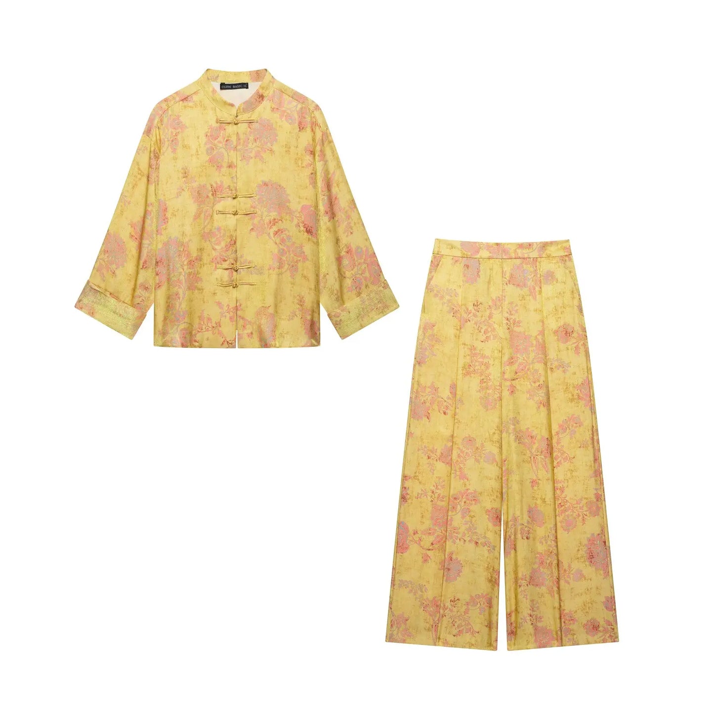 Women Fashion Flower Print Sets Sexy Long Sleeve Frog Button Decoration Top+Wide-Leg Pants Summer Autumn Vacation New 2 Pieces