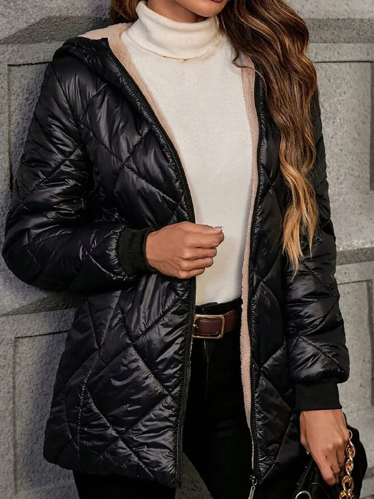 Women Fleece Lined Hooded Quilted Coat Diamond Grid Puffer Jacket Warm Sherpa Lining Zip Up Mid Length Winter Outerwear Parka