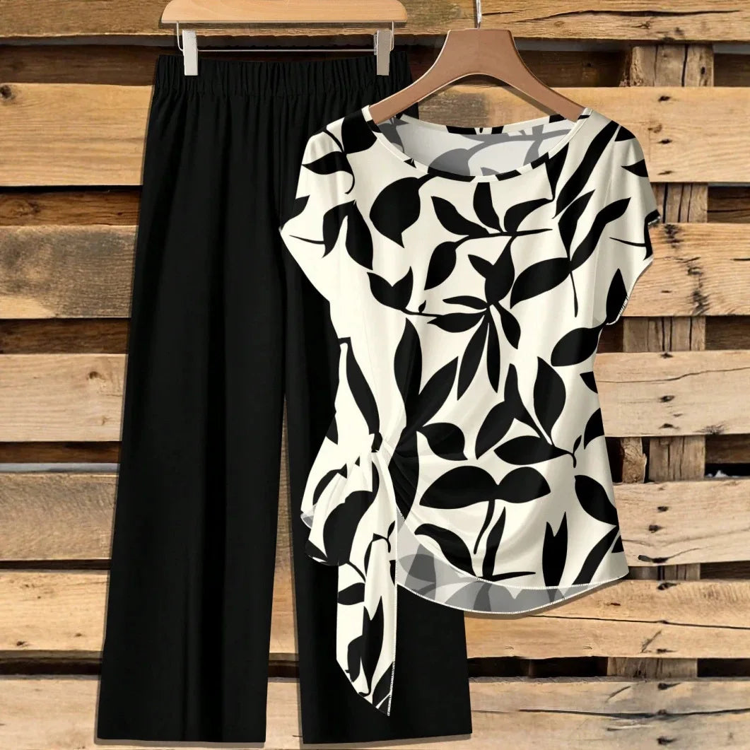 New Casual Printed Two Piece Set for Women O Neck Short Sleeve Ruffled Tops T-Shirt + Loose Wide Leg Pants Suits Summer 2026