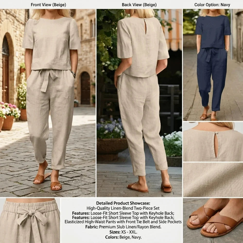Half-sleeved Women's Cotton Linen Suit Elastic Waist Wide-leg Two-piece Set Round Neck Comfortable Summer Matching Suit