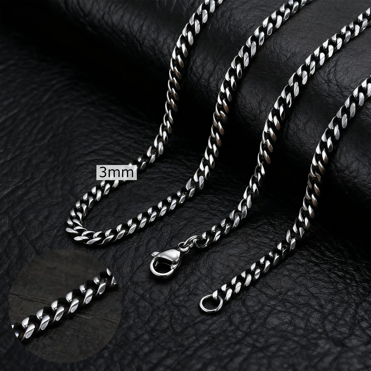 3-11mm Classic Cuban Chain Necklace for, Silver Black Gold Grey Color