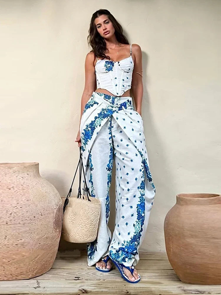 Urban Print Top Pants Women Set Sling Backless Slash Neck Blouse Wide Leg Trousers 2026 Spring Summer Holidays Lady Outfit