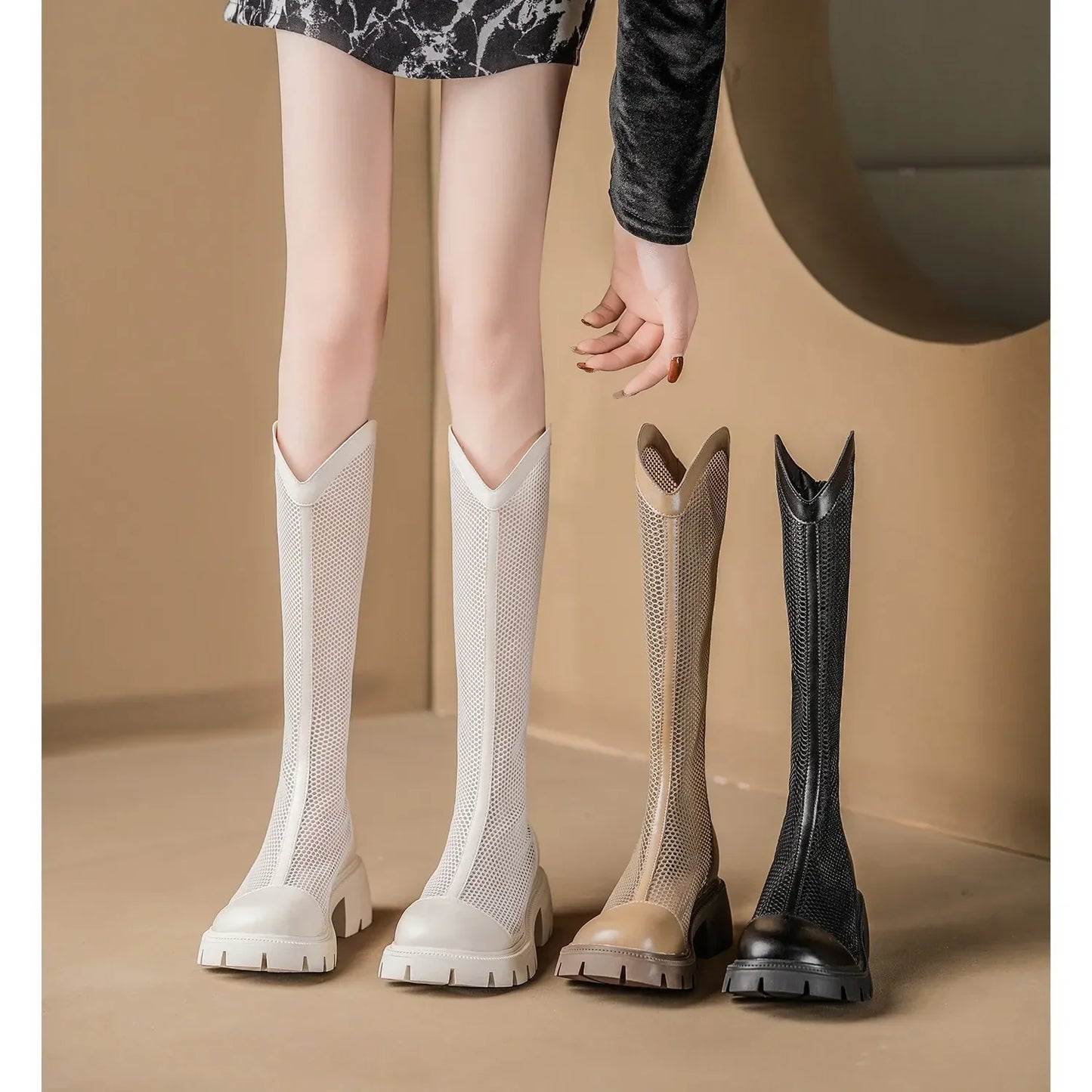 Women Summer Knee-high Mesh High Boots Female Breathable Platform Mesh Lace-up Knight Boots Thick Heel Hollow Long Knight 2025