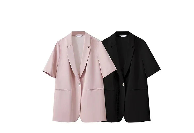 Amii Women's Top Minimalist 2025 Summer New Notched Lapel Contrast Material Patchwork One Button Short Sleeve Blazer 12542081