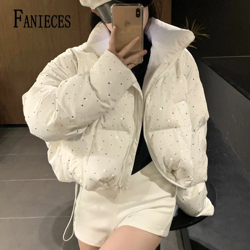 2026 New Winter Clothing Parkas Women's Outwear Short Coats Korean Rhinestone Coat Ladies Thickened Warm Cotton Puffer Jackets