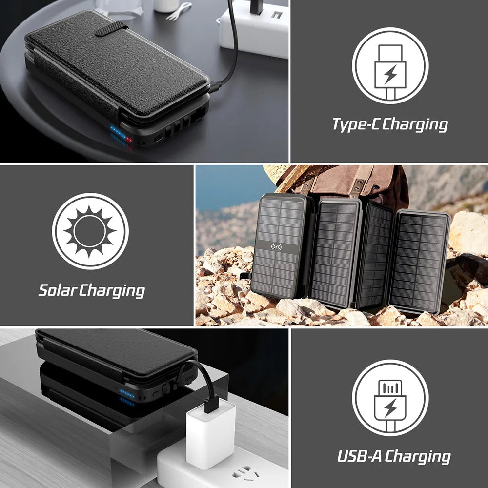 43800mAh Solar Power Bank Quick Wireless Charger External Battery Pack PD 20W Powerbank Built Cables LED Light for iPhone Xiaomi