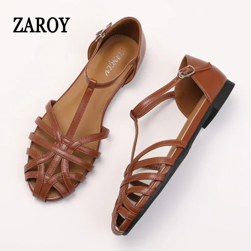 ZAROY Women's Sandals Summer Casual Footwear T-tied Cross Strap Flat Sandals Weave Hollow Roman Sandalia Zapatos сандали