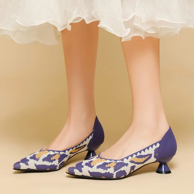 New Knitted Dress Shoes for Women Fashion Leopard Print Pointed Toe Shallow Designer Pumps Elegant Party Banquet Heels Ladies