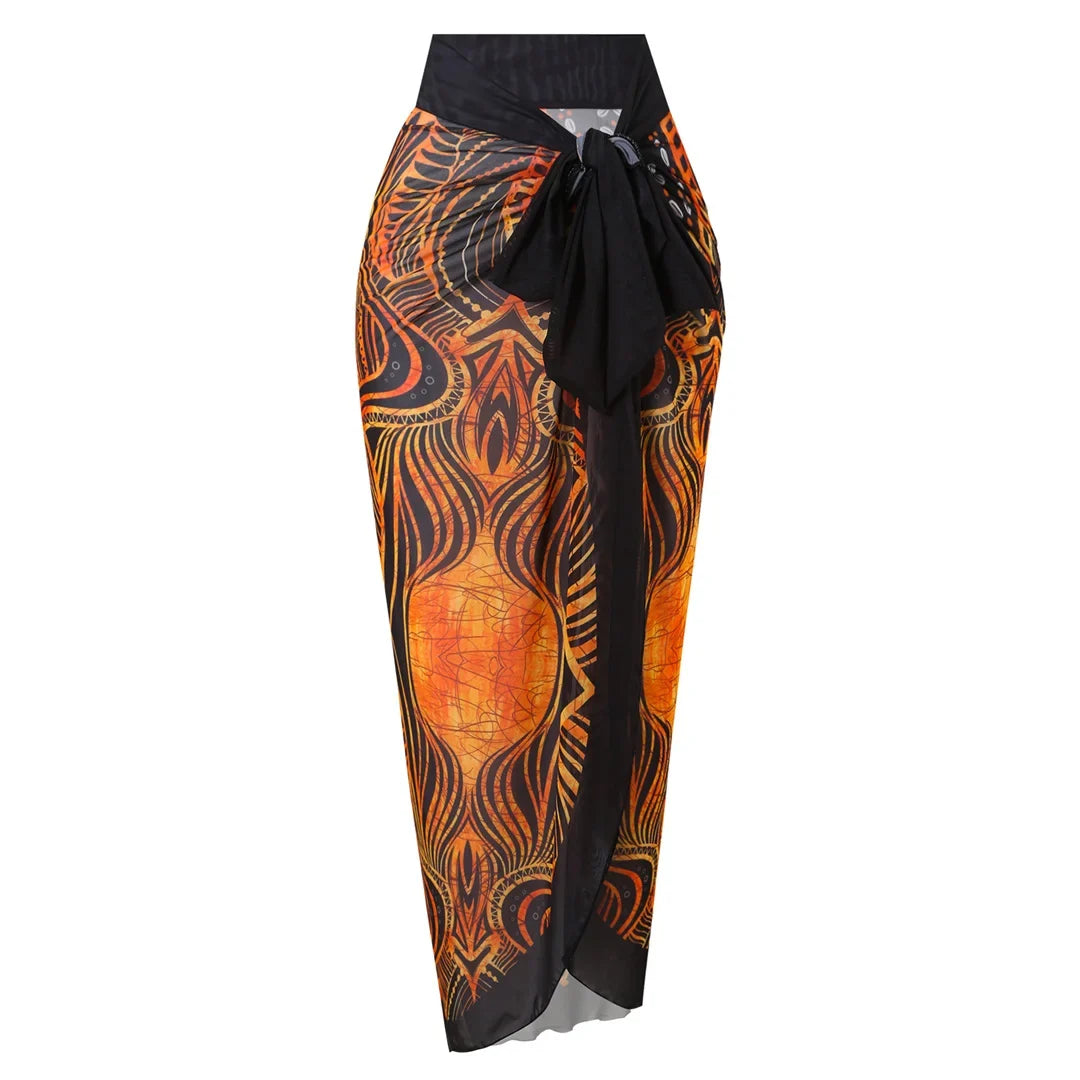 S - XXL Printed Long Sleeve With Sarong One Piece Swimsuit Women Swimwear Female Flowers Padded Bather Bathing Suit Swim K7181