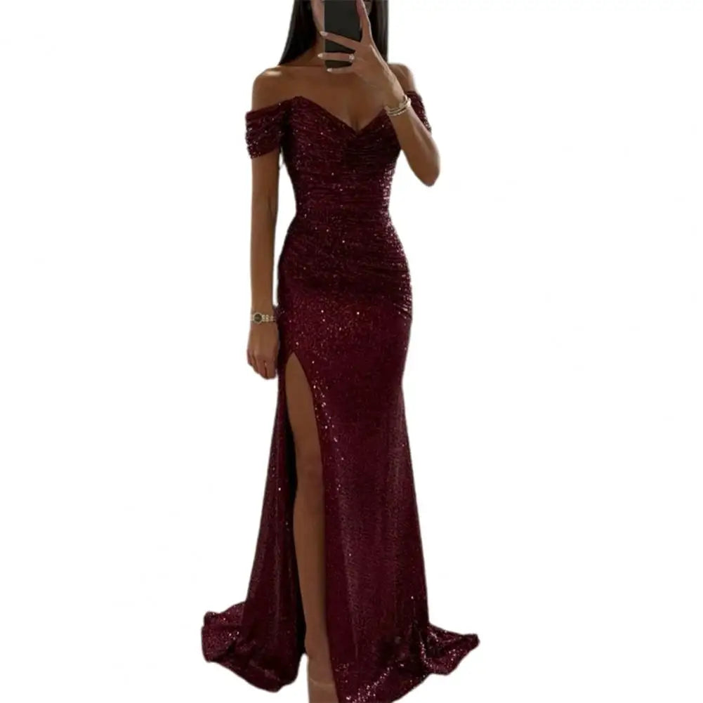 Elegante vestido de noche con cuello en V, hombros descubiertos, maxi vestido con lentejuelas, cintura plisada, ajustado, sexy, con abertura, vestidos largos