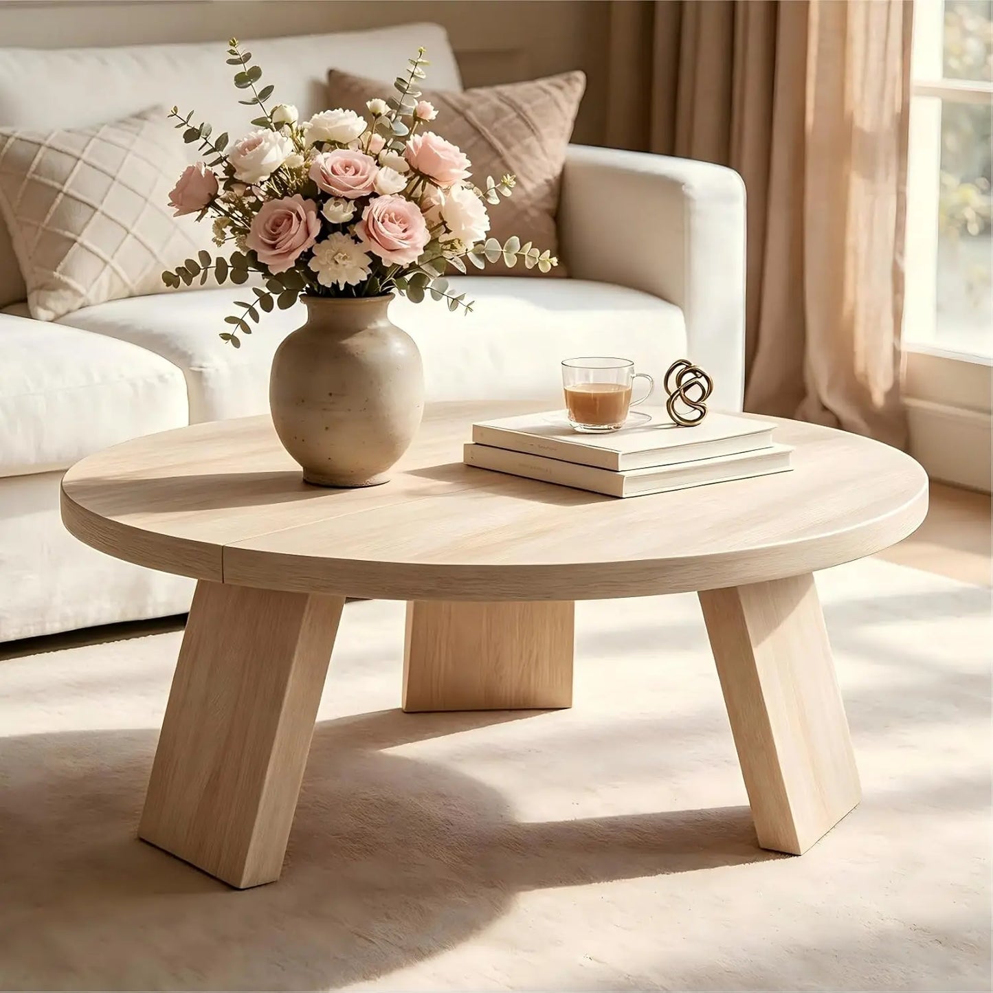 33.5 Inch Round Coffee Table For Living Room, Modern Center Table With Wood Grain Top and Angled Legs For Apartment