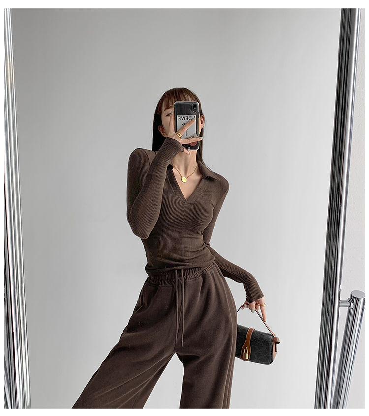 Sexy V-Neck Slim Fitness Women's T-Shirt Long Sleeve Polo Shirt Woman High Waist Cropped Tops