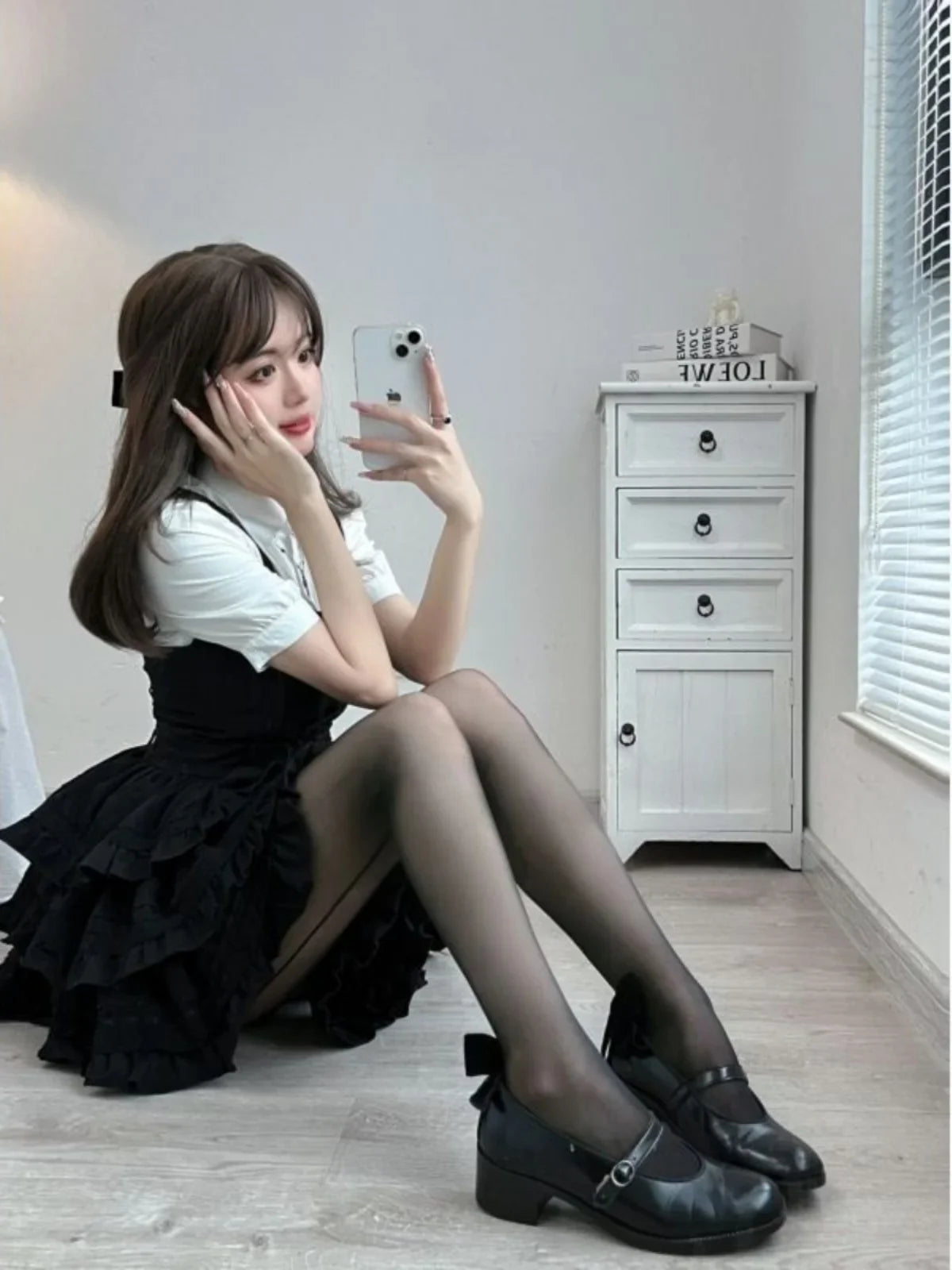 Large Size Cute White Turn-down Collar Short Sleeve Shirt Girl Black Ruffles Splicing Lace-Up A-line Cake Suspender Dress Sets