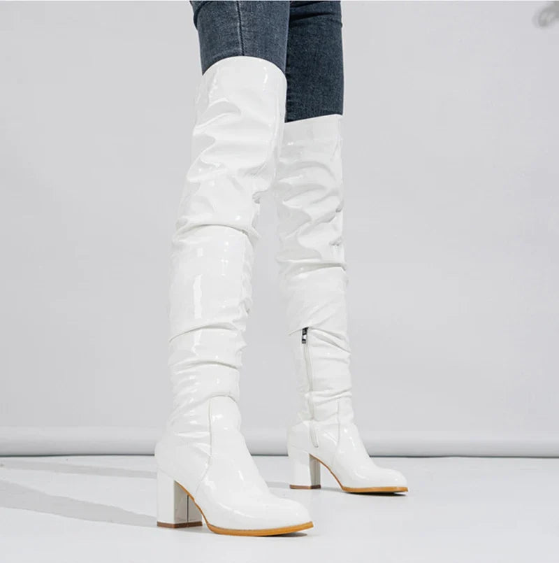Hlieny 2026 Winter New Thigh High Boots Fashion Patent Leather Round Toe Zip Female Square Heels Pleated Design Women's Shoes