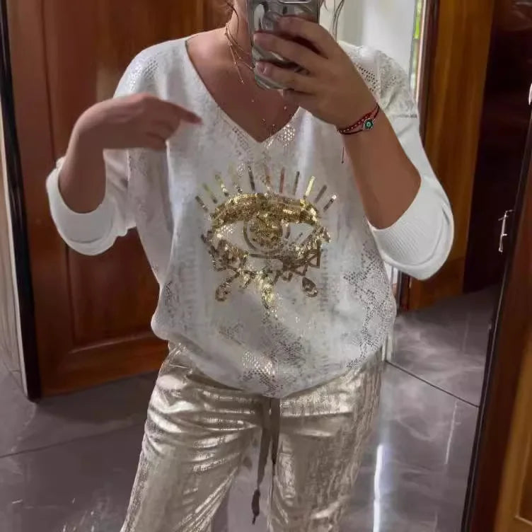 Plus-size Suit Women's Casual Fashion Metal Eye Decoration Long-sleeved Shirt Casual Pants Plus-size Women's Clothing 2025