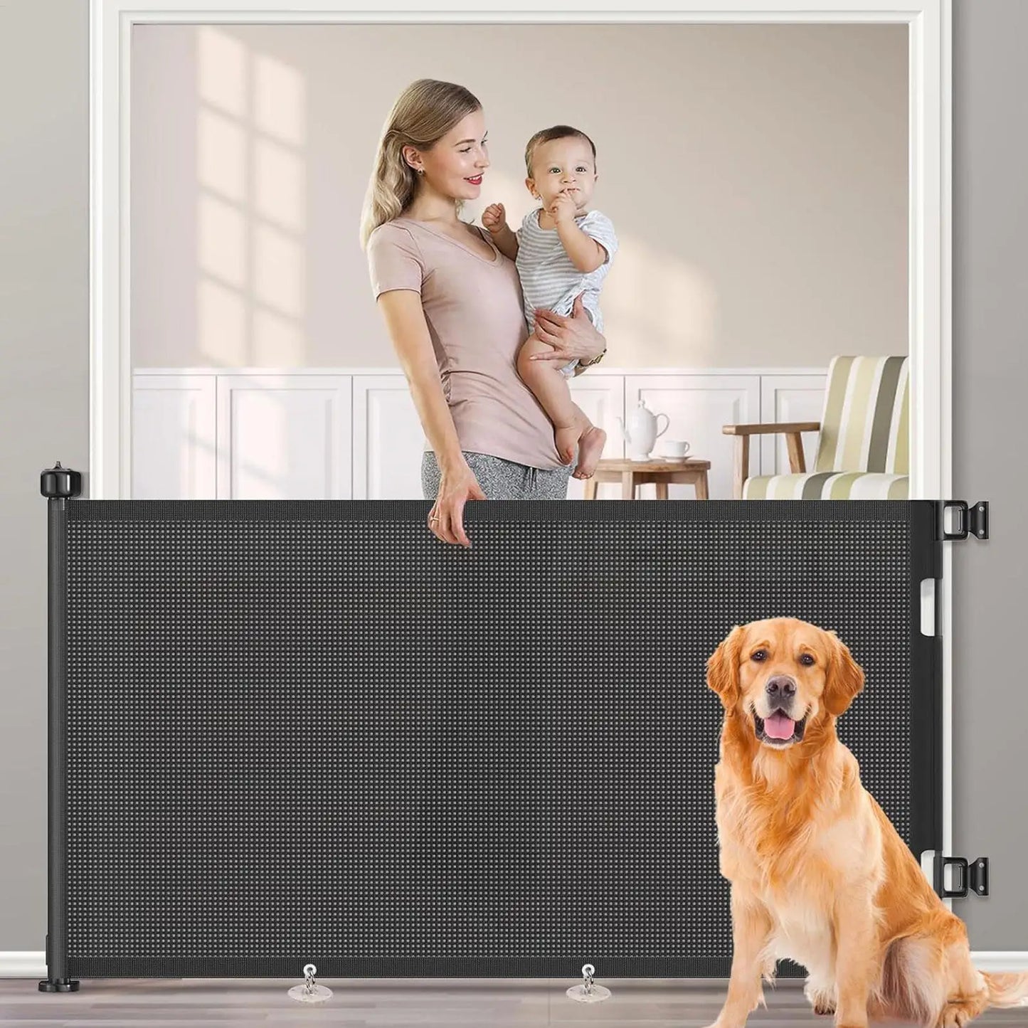 Retractable Pet Gate Dog Retractable Gate No-Drill Childproof Net Fence Cat Baffle for Indoor Staircase Patio Fireplace Deck
