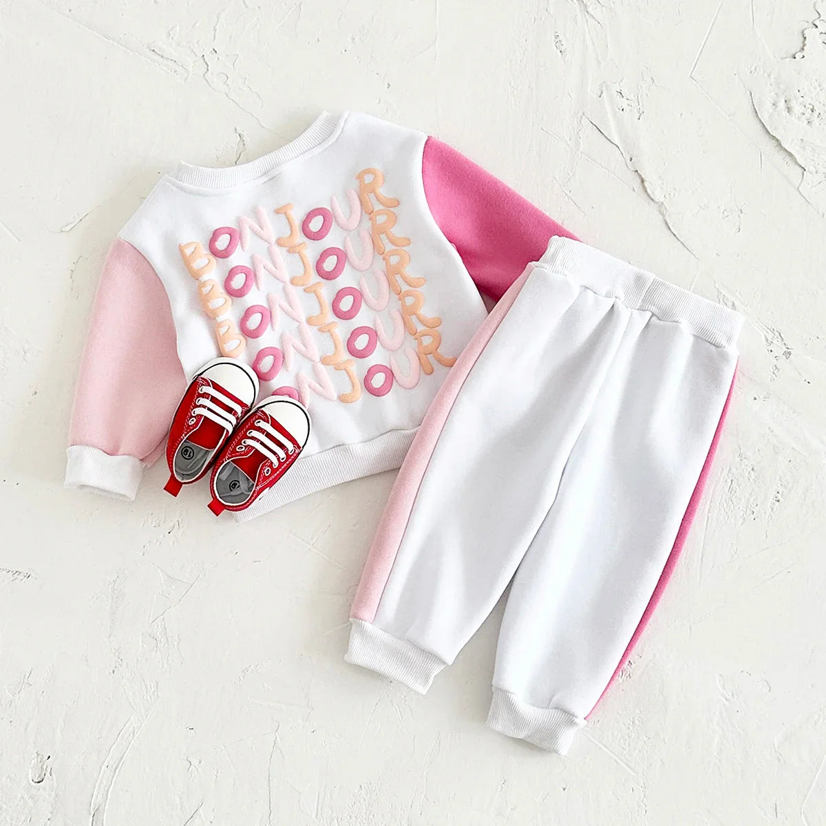 Infant Outfit Sets Baby Boys Clothes Bonjour Print Top Pants Thick Warm Girls Stylish Sportswear Autumn Winter Long Sleeve 2Pcs