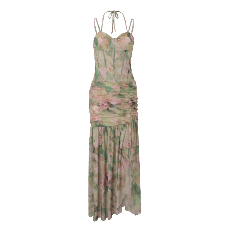 hirigin Women Sleeveless Corset Dress Y2K Floral Print Ruched Split Party Long Dress for Vacation Cocktail Beach Streetwear