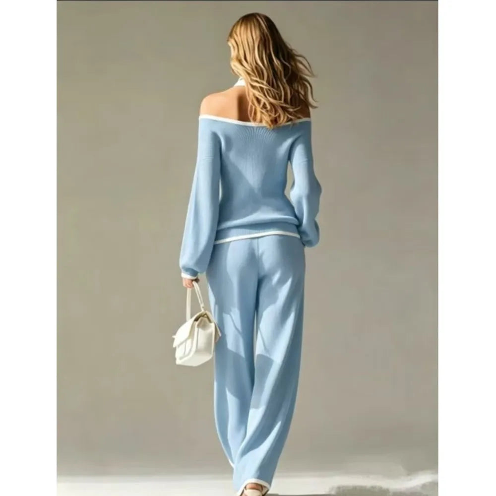 Women Sexy Off-shoulder Long-sleeved T-shirt Trousers 2piece Set Fashion Loose Elegant Color-blocked Pocket Trousers Female Suit