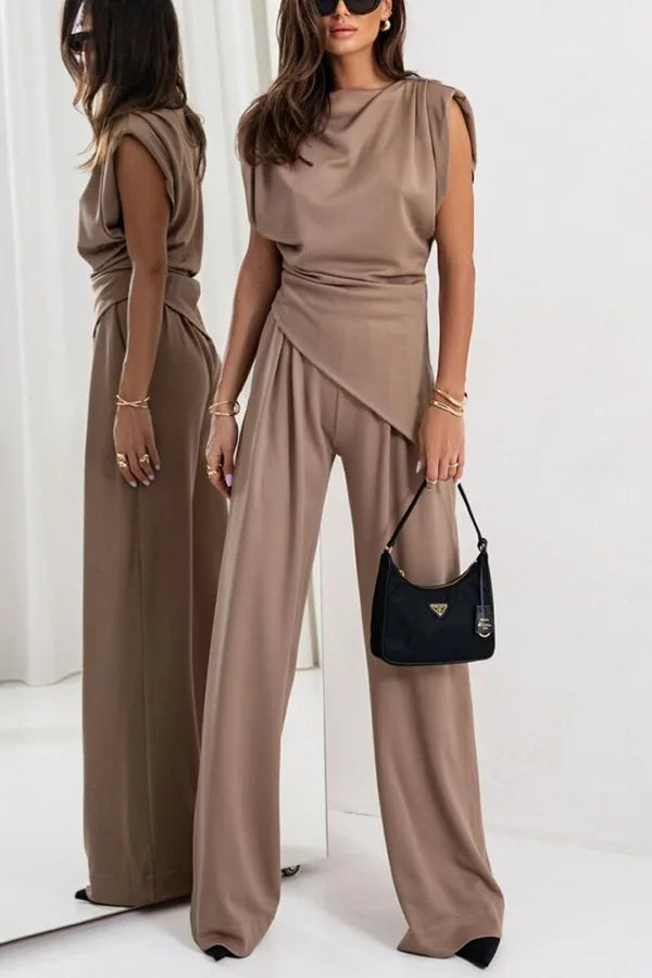 Summer Fashion Solid Two Piece Sets Women Elegant Slim Office Suit Casual Irregular Top And Wide Leg Pants 2 Piece Set Female