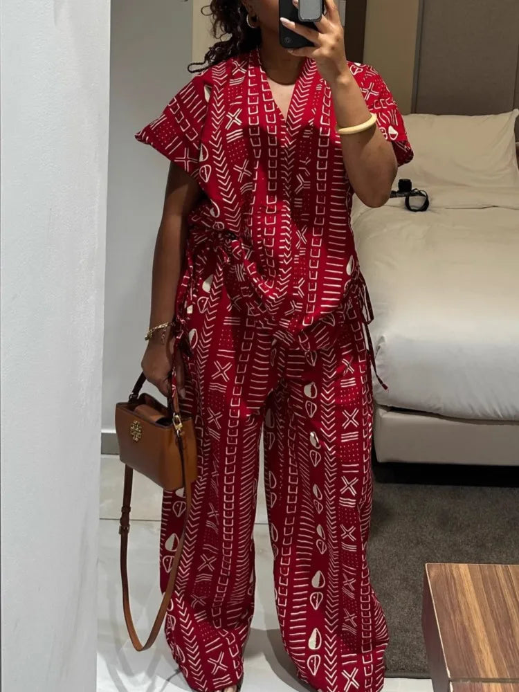 New Fashion Printed Two-piece Set Women's Loose Casual Short-sleeved Drawstring Waist Slimming V-neck Shirt Wide-leg Pants Sets