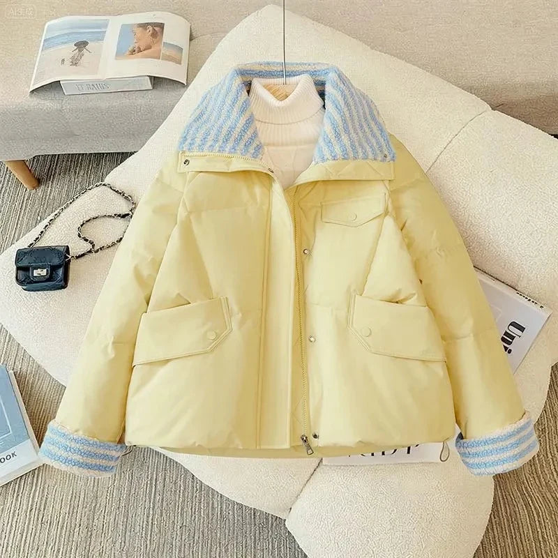 Women Lapel Collar Parkas Jacket Autumn Winter Femme Short Cotton Padded Coat Lady Fashion Long Sleeves Puffer Outwear