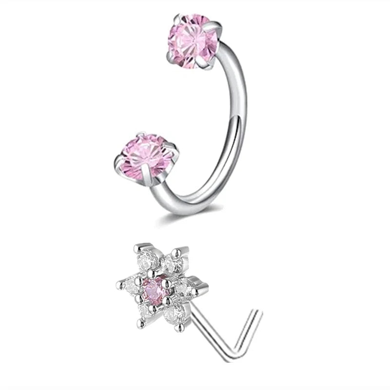 6/2pcs Horseshoe Nose Rings with L-Shape Nose Stud, Stainless Steel